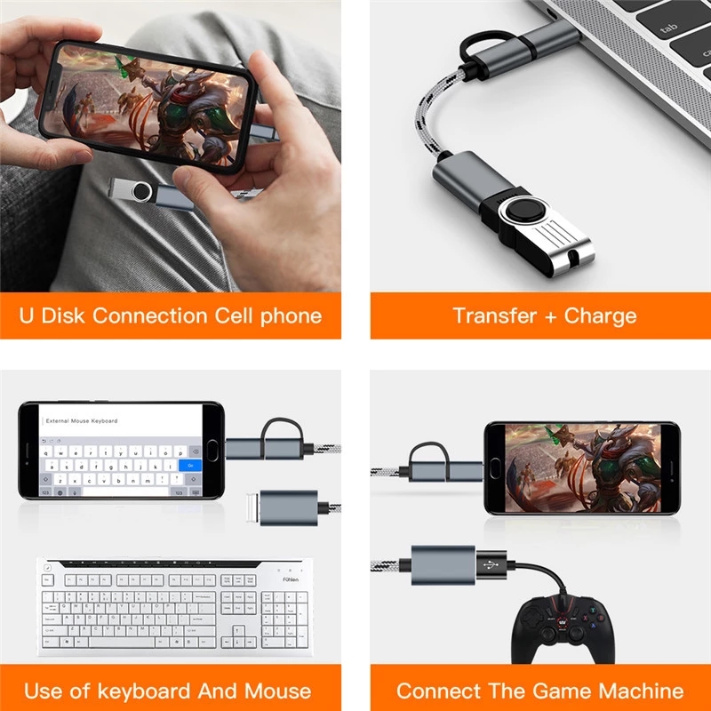 2 In 1 Kabel Data / Charger Micro Usb / Type C Ke Usb 3.0 Otg Bahan Nilon Untuk Macbook U Disk