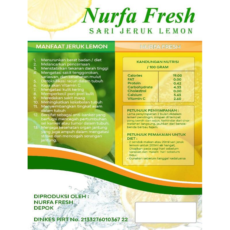 

nurfa fresh 250ml sari lomon asli Tampa bahan pengawet