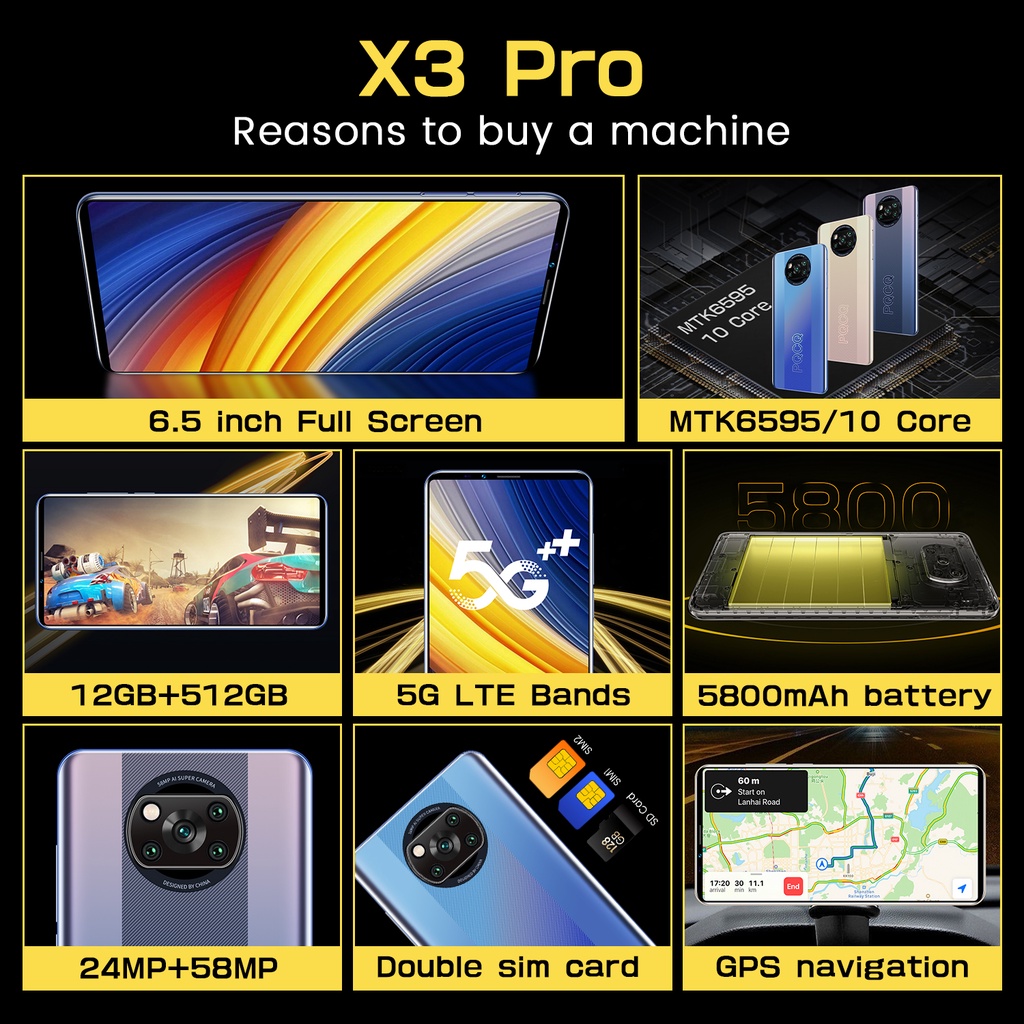 【Terbaru 2023 hp promo】HP Smartphone X3 Pro Handphone Baru Murah 6,5 inci 12GB RAM + 512GB ROM Dual SIM WiFi  android 4g/5g Smartphone Kamera HD hp murah handphone murah promo cuci gudang