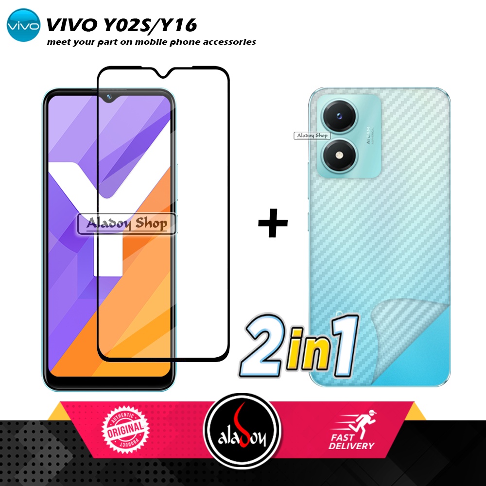 PAKET 2 IN 1 Tempered Glass Layar Vivo Y02S/Y16 + Skin Carbon Film 3D