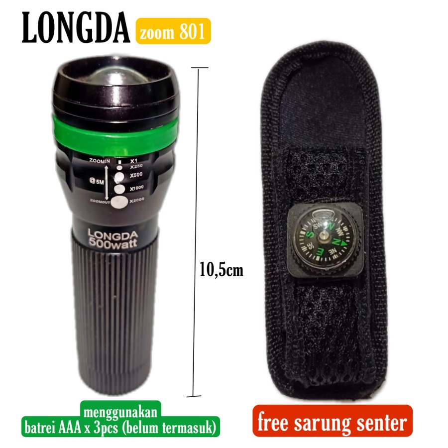 Senter LED Mini Zoom Super Terang LONGDA 801 + Sarung Senter