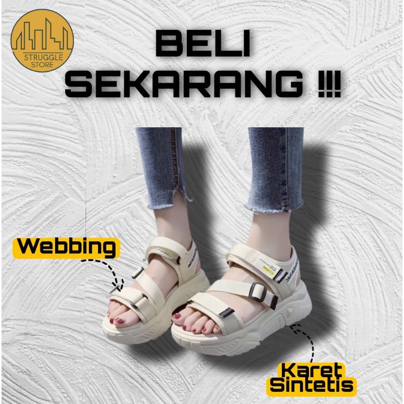 Sepatu Sendal Sandal Wanita Tinggi Jalan Tali Gunung Kulit Main Sehari Hari Import Korea Cream Murah