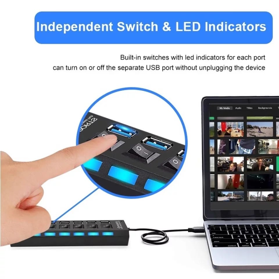 USB HUB 7 Port 2.0 Dengan Saklar Switch On Off LED Light