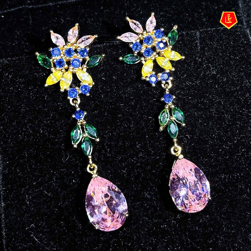 [Ready Stock]Pink Crystal Flower Long Earrings Colored Gems