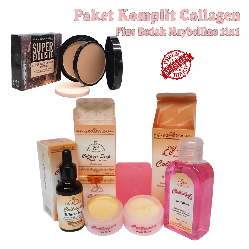 Paket Collagen / Paket Cream Collagen Siang Malam Original Toner Sabun Serum Plus Bedak 2in1 Maybell