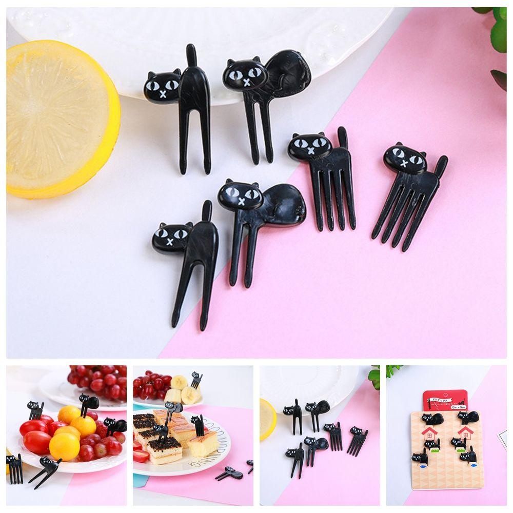 Solighter 6pcs Garpu Buah Desain Kartun Kucing Hitam Untuk Dekorasi Bento