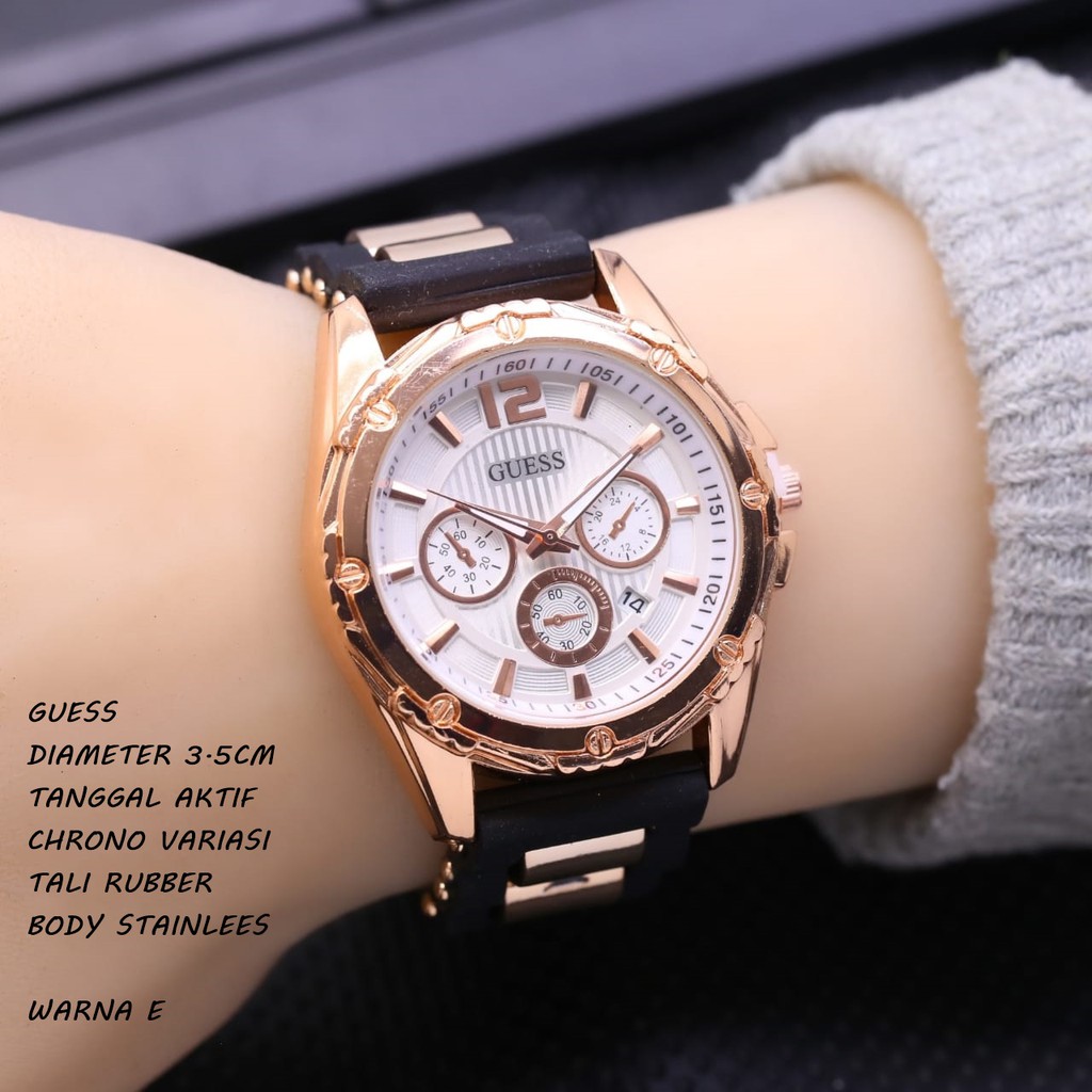 Jam Tangan Wanita/Cewek Guess Tali Rubber Tanggal Aktif Chrono Variasi