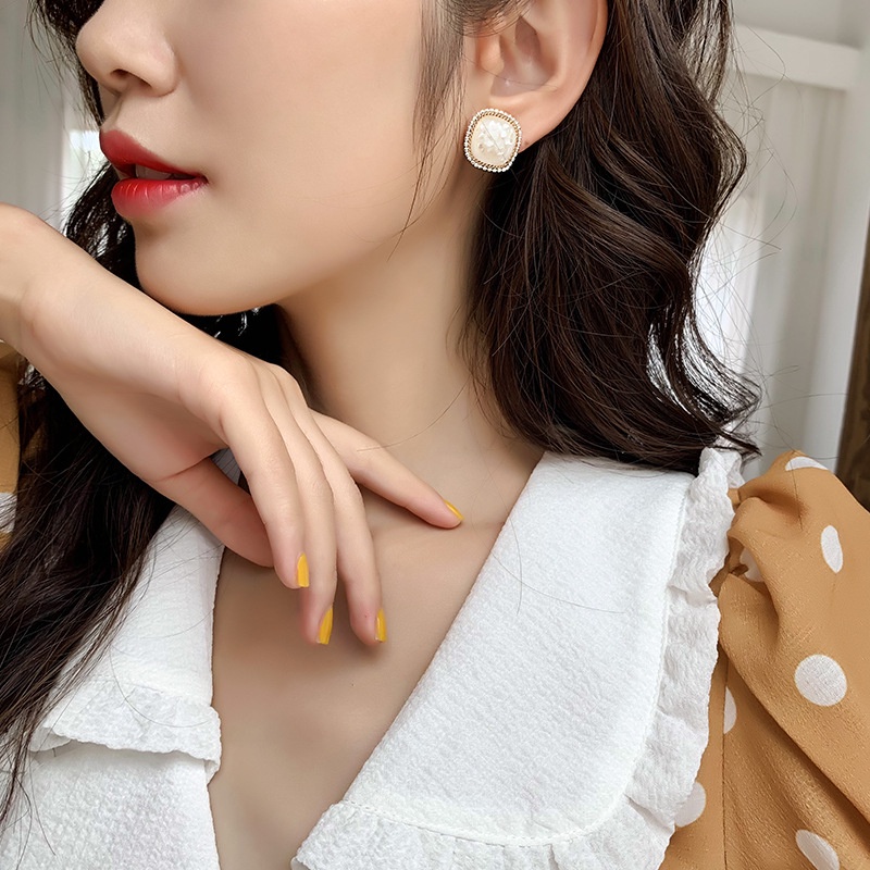 Simple Style Square Shape Simulation Pearl 925 Silver Needle Prevent Allergy Earring for Wedding Bride Accessories