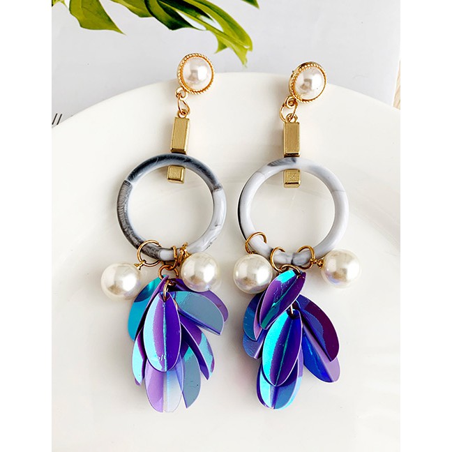 LRC Anting Tusuk Fashion Lake Blue Alloy Resin Pearl Sequin Tassel Earrings F76569