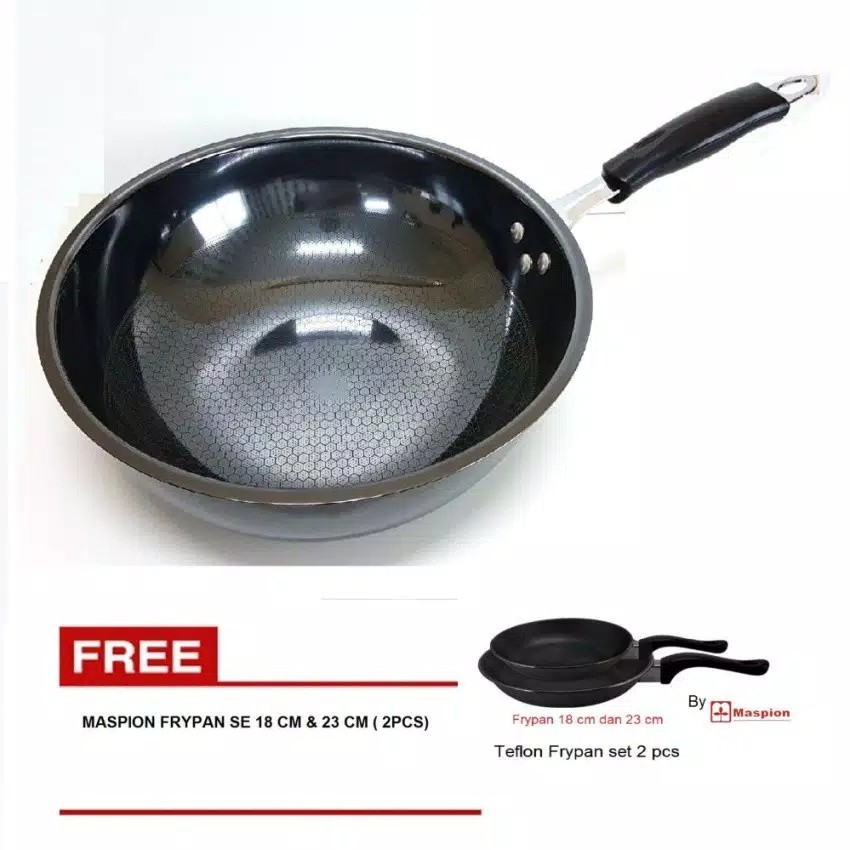 Paling Laku Wok Enamel Anti Lengket + Free Maspion Frypan Set 2 Pcs 18 Cm Da