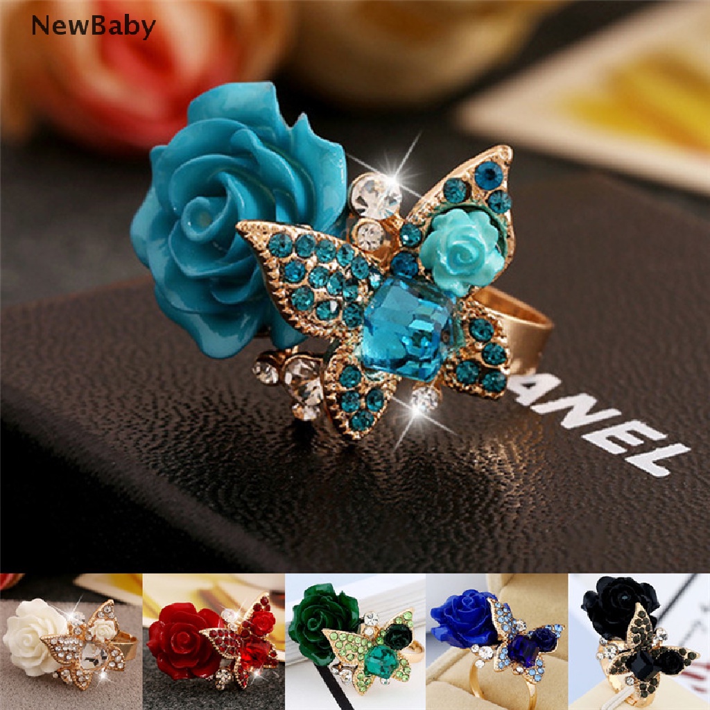 Newbaby Cincin Wanita Desain Kupukupu Mawar Hias Kristalberlian Imitasi Adjustable Untuk Pertunangan