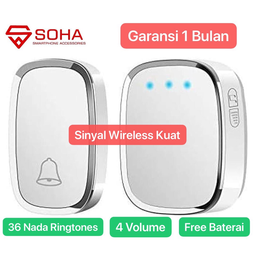 BEL-002 Bel Rumah Wireless Doorbell Waterproof Door Bell 36 Nada Tahan Air Hujan Pintu Bell LED Light 36 Ring tunes dan 4 Level Volume Lonceng