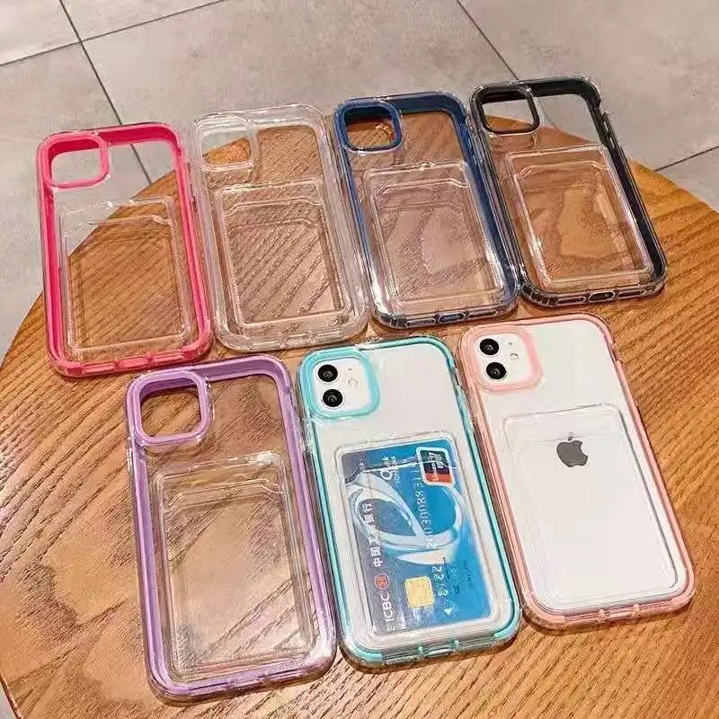 3 In 1 Soft Case Tpu Transparan Slim Fit Bumper Karet Shockproof Holder Kartu Untuk compatible for Iphone 13 Pro Max 12 11 Pro Max X Xs Max Xr 8 7Plus