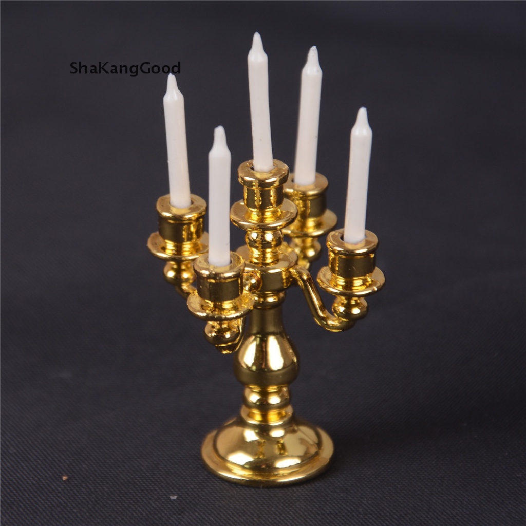 Skid Mainan Miniatur Candelabra Emas + 5 Lilin Putih Skala 1: 12 Untuk Dekorasi Rumah Boneka