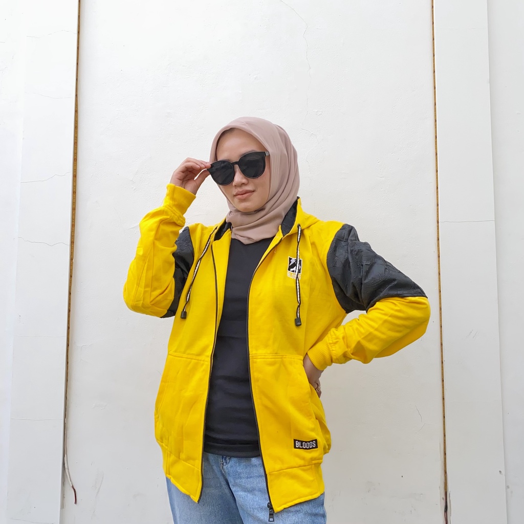 Jaket Sweater Zipper Bordir Kombinasi Qwilting Kuning BLDS