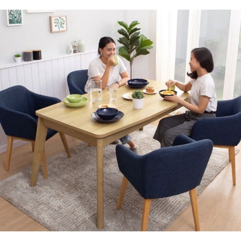 SET KURSI  MAKAN MINIMALIS KAYU JATI JOK KAIN  BIRU TUA MEWA YOKOHAMA DINDING TEBEL