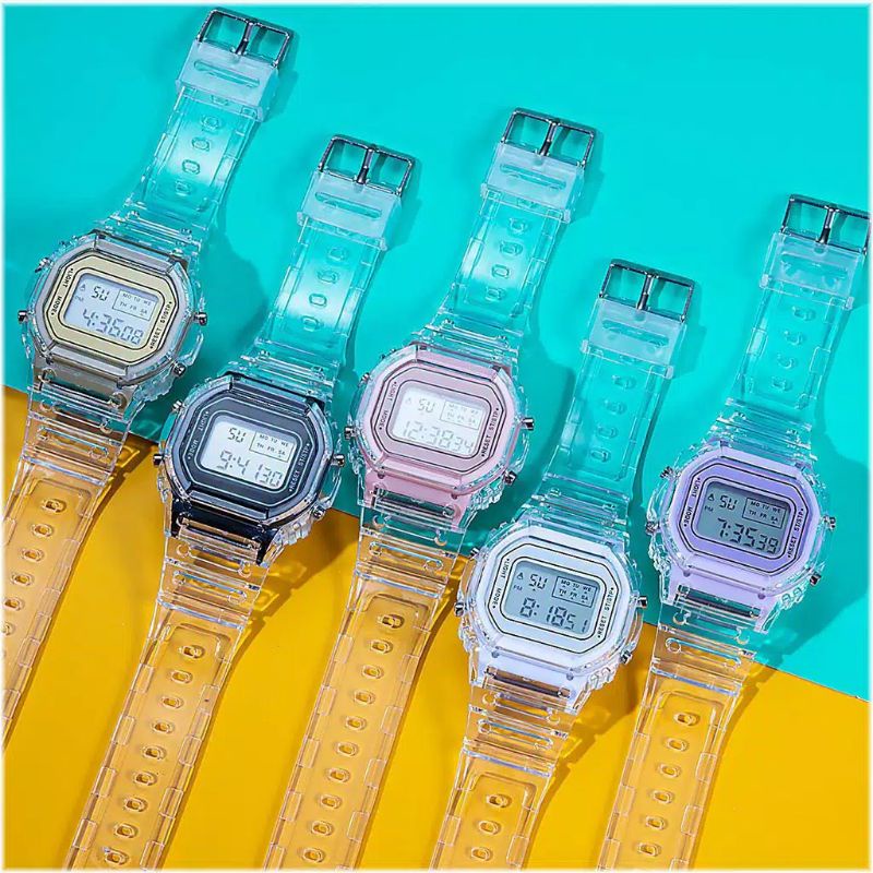 [BISA COD✓] Jam Tangan Couple Wanita Pria Digital Transparan Square Dial Couples Watch Import Fashion Korea Style Sport Strap Rubber Led Digital Terlaris