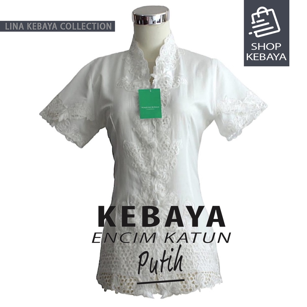 Kebaya Encim Kartini Katun Bordir Modern Putih Senada Lengan Pendek