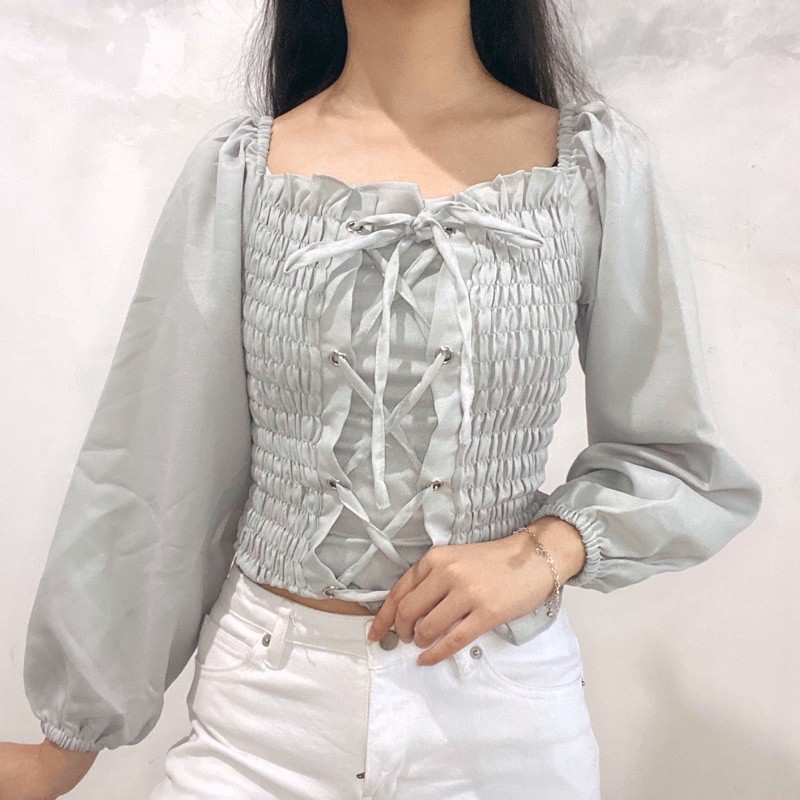 [Khusus PUTIH PO 4 HARI] HANEUL White Blouse Sabrina Lace Long Sleeve Top