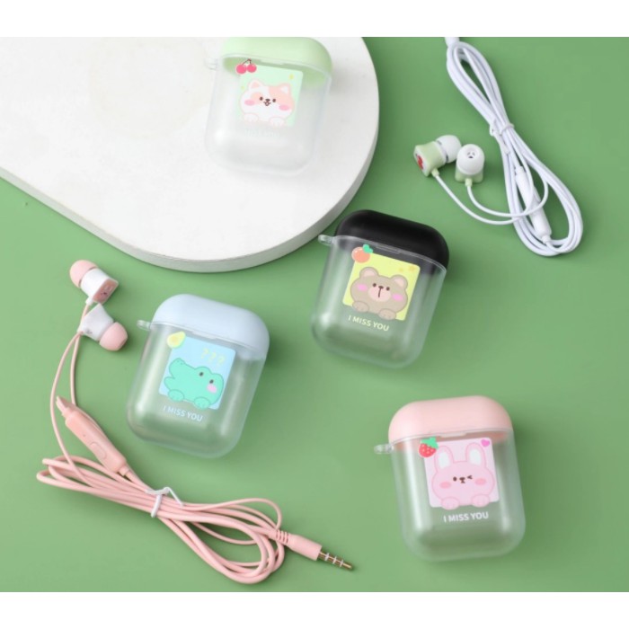 [XY-55] Set Headset Earphone ANIMAL I MISS YOU / Wadah Earphone Kotak Transparan Kartun HEWAN Lucu