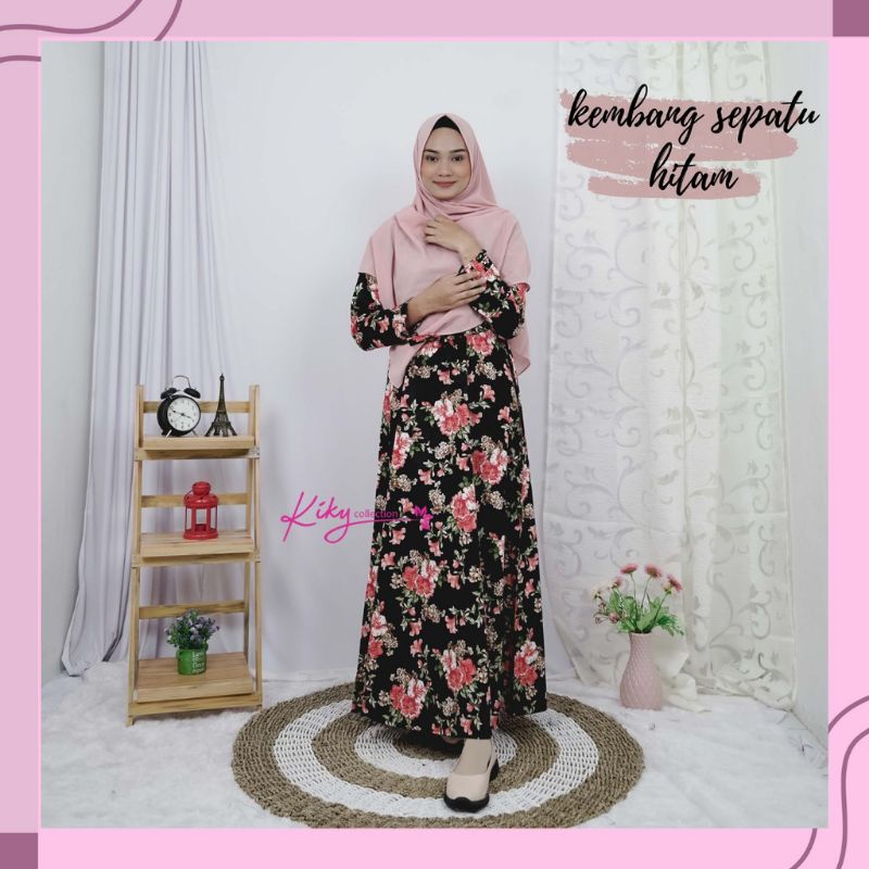 Gamis Katun Jepang Original Kekinian Cantik Wanita Dewasa Motif Kembang Sepatu Size XXXL