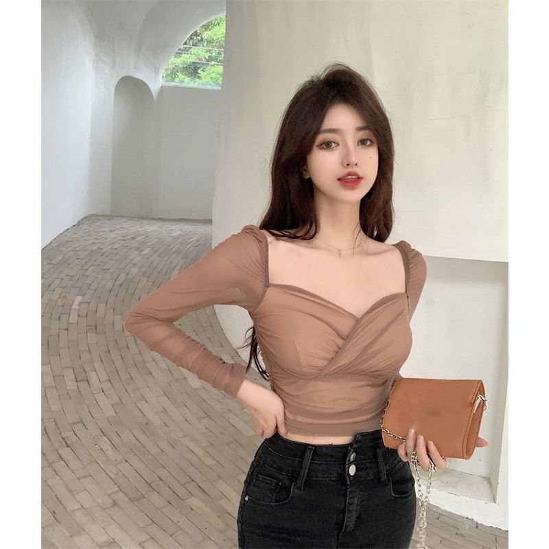 enamor kaos lengan panjang wanita musim semi bottoming kemeja skema menunjukkan klavikula atasan pen