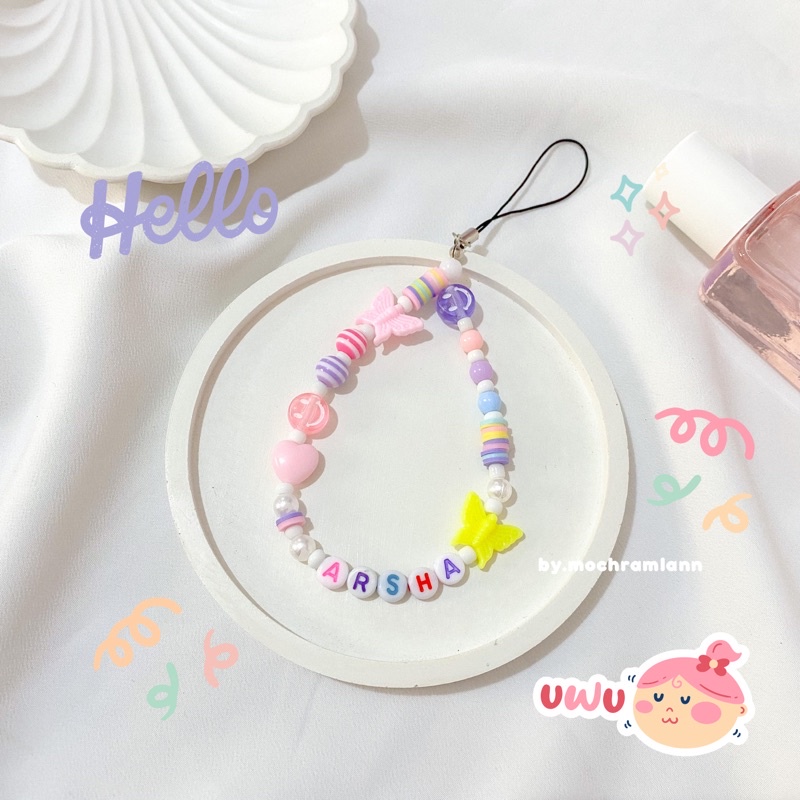 PHONE STRAP PASTEL GEMES PAKAI NAMA / GANTUNGAN HP CUTE / GANTUNGAN CASE HP LUCU