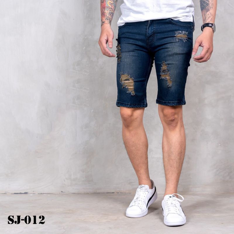 Celana jeans pria pendek sobek wisker premium distro