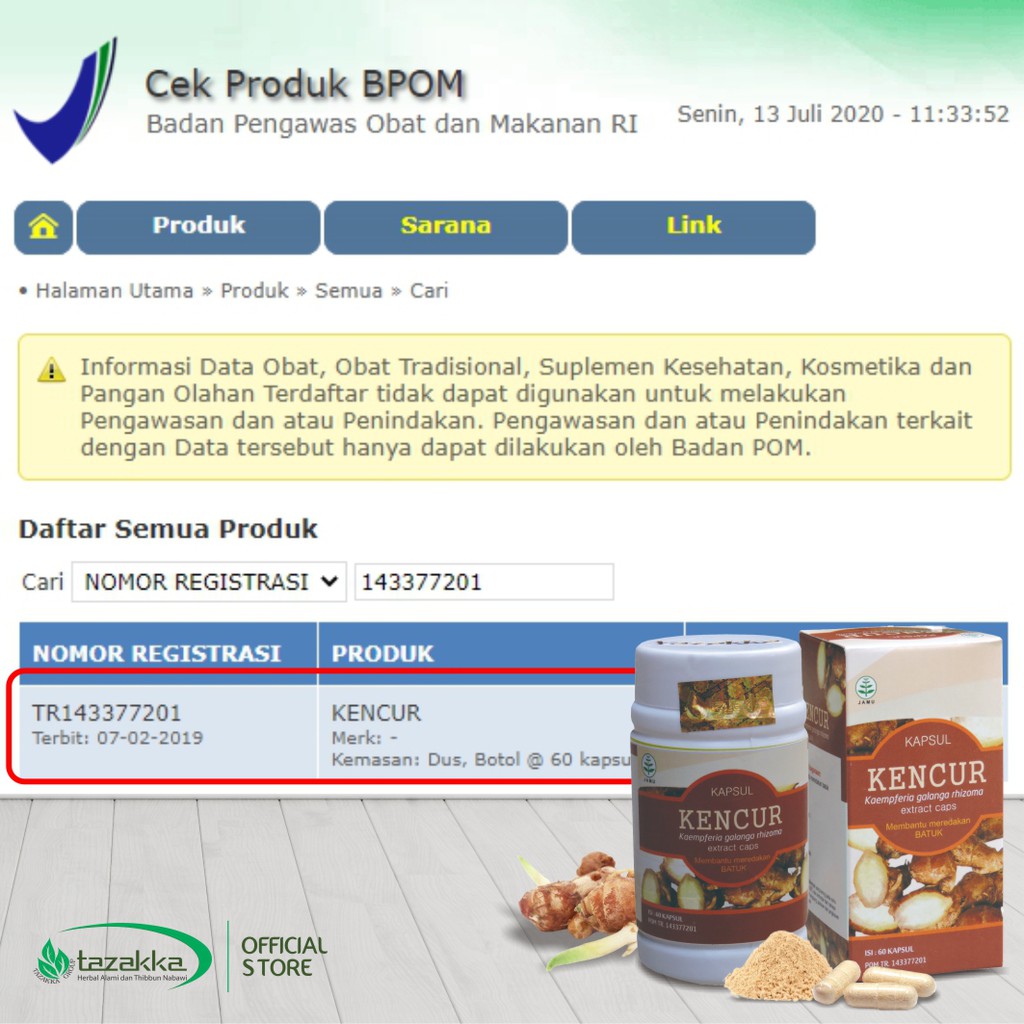 Obat Nafsu Makan | Obat Flu dan Batuk | Obat Herbal KENCUR Tazakka isi 60 Kapsul HALAL BPOM