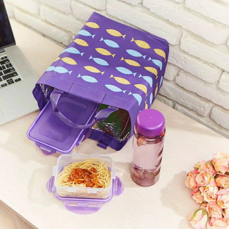 Tas bekal makan motif ikan / Lunch Bag Set 4 Pcs  / Kotak makan set