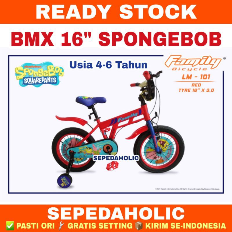 Sepeda Anak Laki FAMILY SPONGEBOB 12 16 Inch BAN JUMBO Usia 2-6 Tahun Garansi Resmi 5 Tahun
