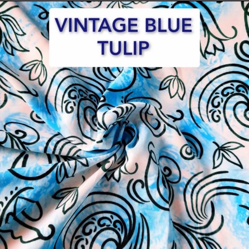 kain woolpeach meteran motif bunga vintage tulip blue halus murah lebar 115cm -50cm