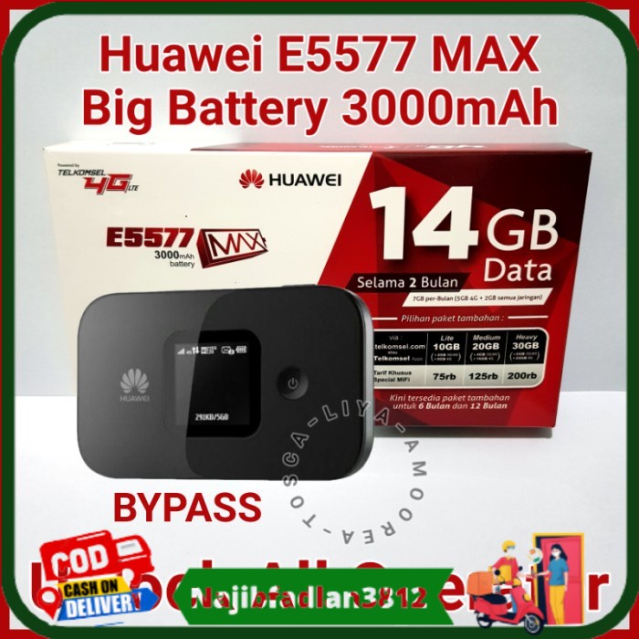 ♥️BISA COD♥️ Modem E5577 Max Mifi 4G Huawei Wifi Unlock BYPASS 3000mAh TSEL 14GB - Hitam, E5577 MAX TSEL