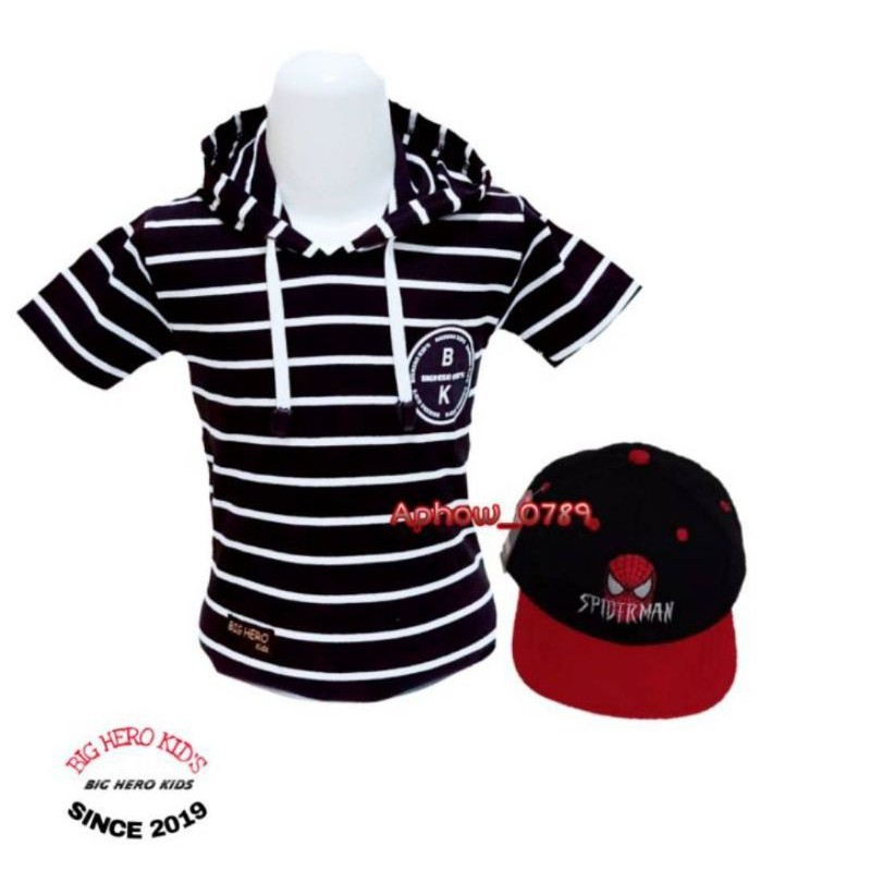 2in1 paket kaos Hoodie anak salur + topi bordir Spiderman