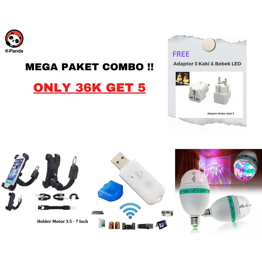 PAKET COMBO LAMPU DISCO + HOLDER MOTOR MOTO 7 + WIRELESS BLUETOOTH RECEIVER AND FREE ADAPTOR 3 KAKI + BEBEK LED