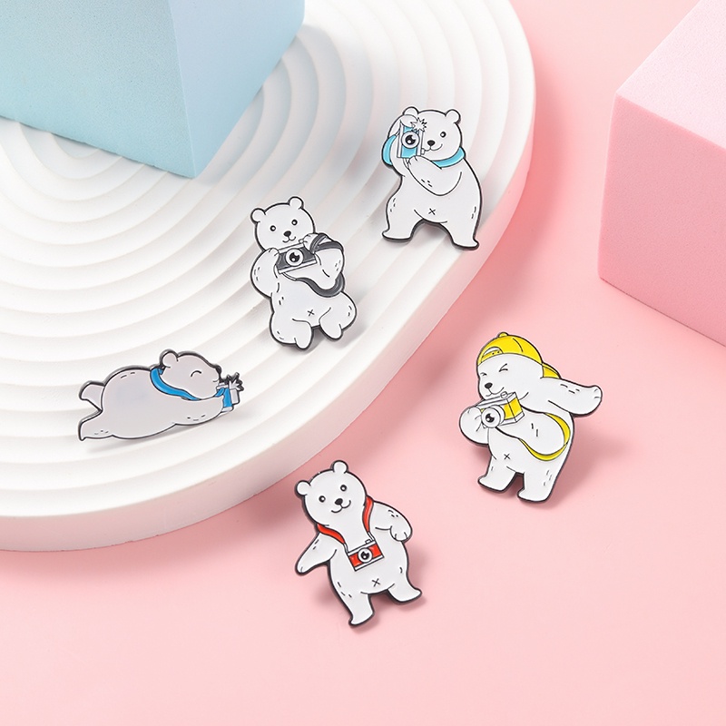 Cartoon White Bear Photo Enamel Lapel Pin Cute Bear Photo Animal Badge Brooch Backpack Jewelry Collection Gifts for Friends