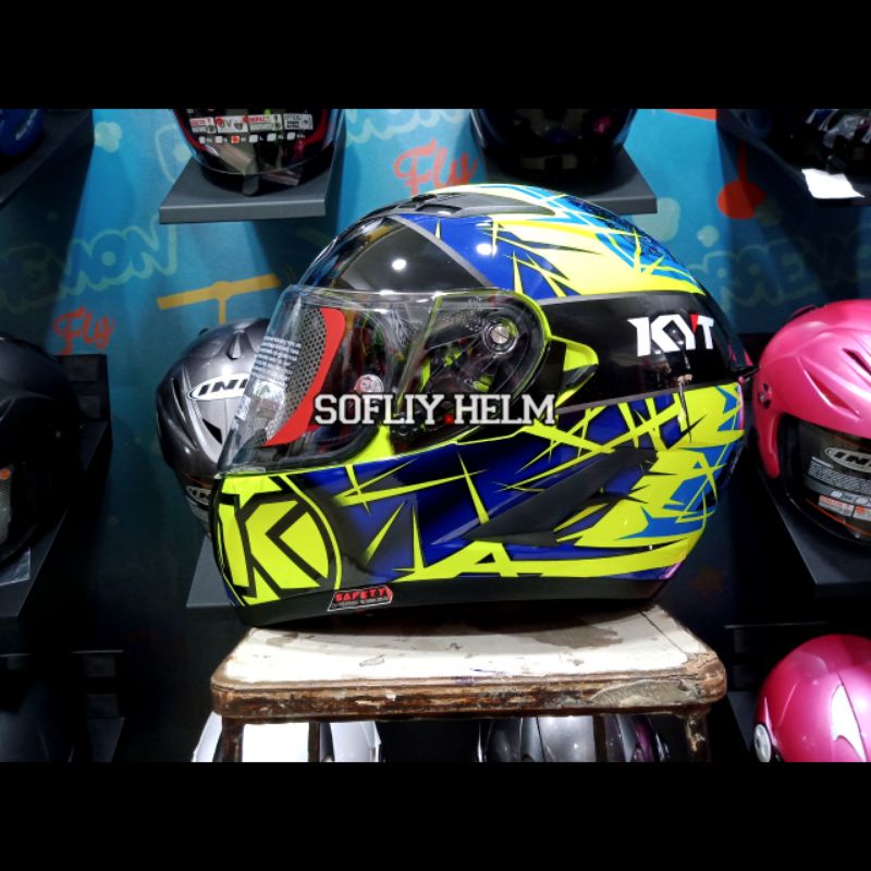 HELM KYT FALCON FR SPIKE BLUE YELLOW FLUO DOUBLE VISOR FLAT VISOR KYT FULL FACE