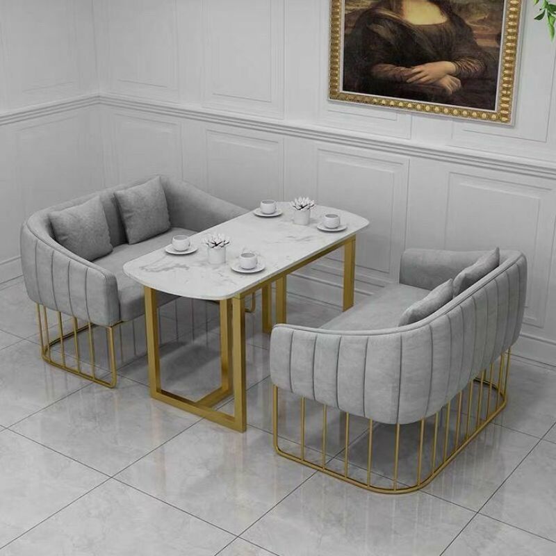 SET MEJA MAKAN MEWAH MARMER KAKI BESI STAINLESS
