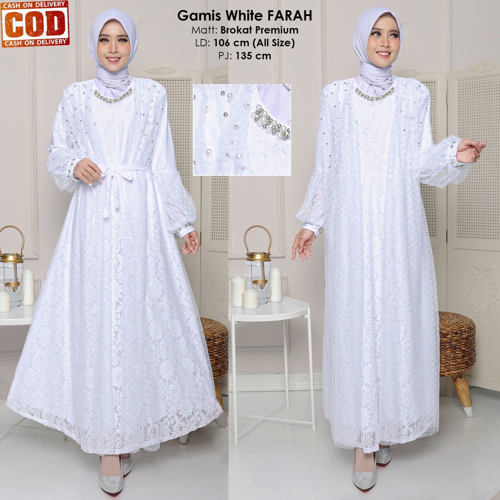 Gamis Brukat Mewah Elegan 2023 Model Terbaru Warna Putih Cerah | Busana Muslim Modern Wanita Dewasa 
