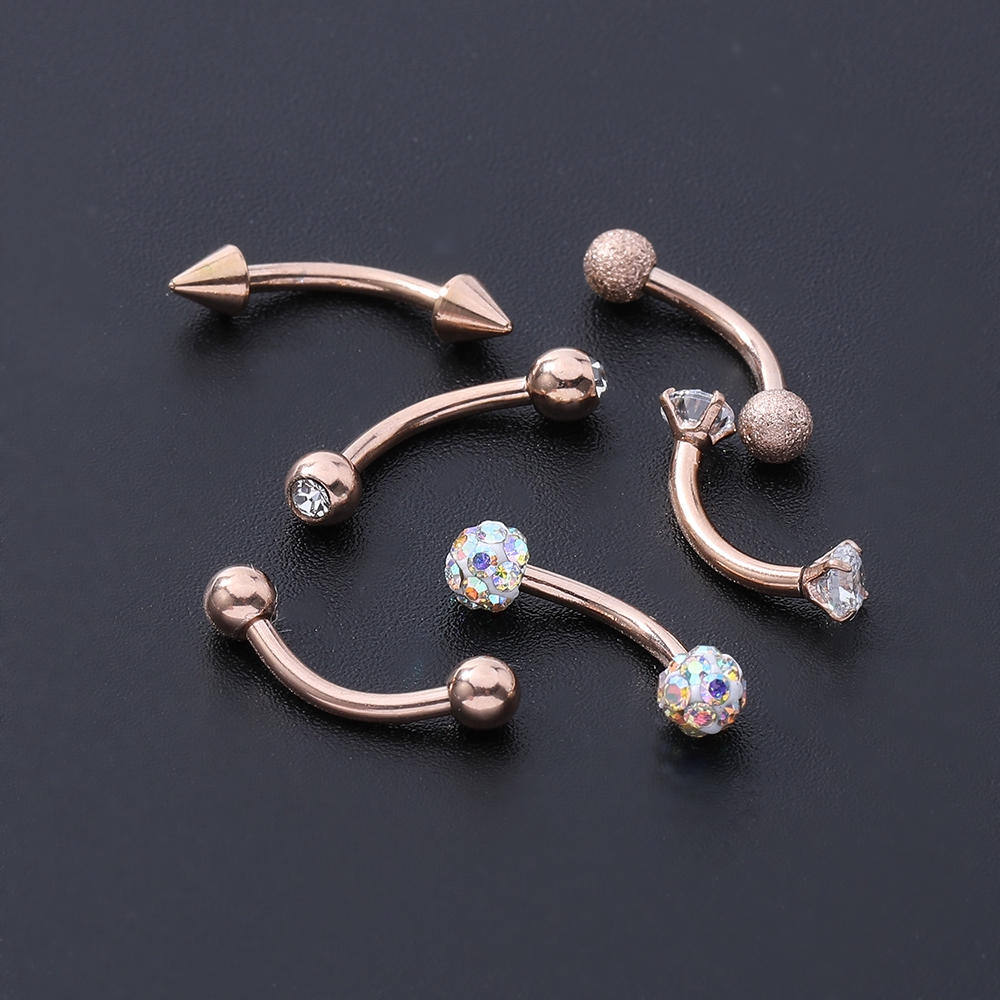 6pcs / Set Anting Tindik Alis Bahan Stainless Steel Warna Rose Gold Hias Berlian Imitasi