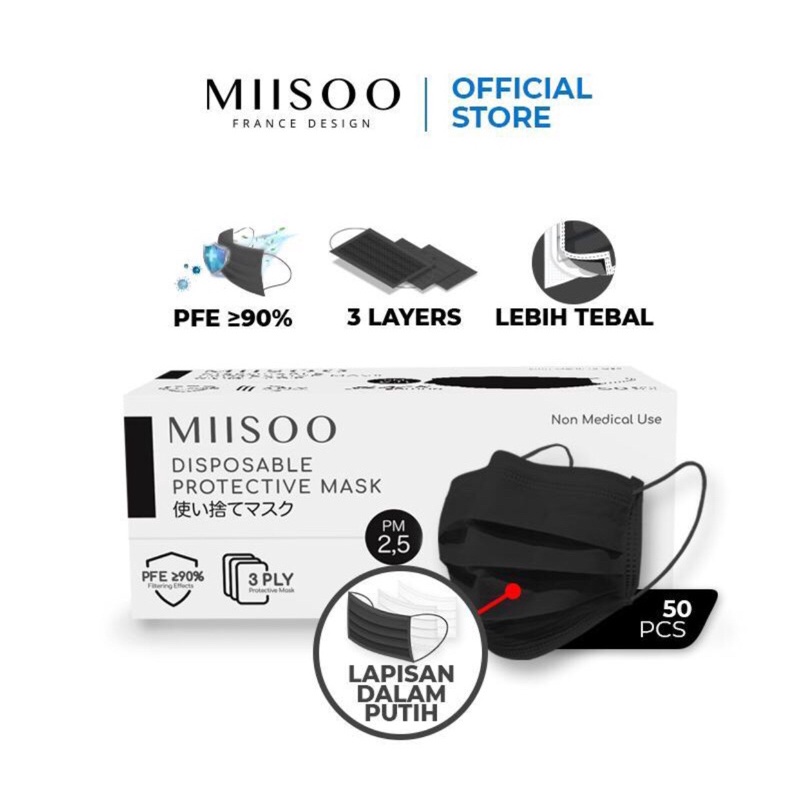 Masker 3ply Miisoo Disposable Earloop Hitam