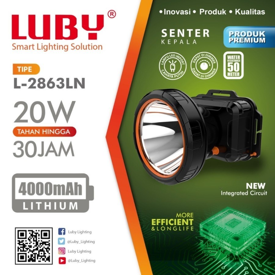 LUBY Senter Kepala 20 Watt L-2863LN Cahaya Putih Super Terang Original