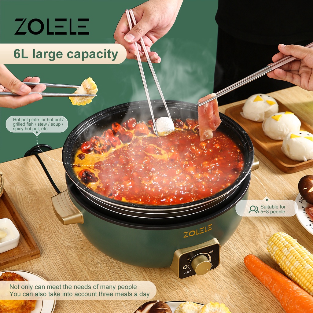 ZOLELE Panci Listrik Serbaguna Besar 6L Elektrik Cooker 3-Layer Portable Penanak Nasi Food Processor Pot Deep Fryer Steamer Non-stick Peralatan Dapur Panci Kukus Panci Rebus Mengukus Menggoreng Merebus Home Kitchen ZC300