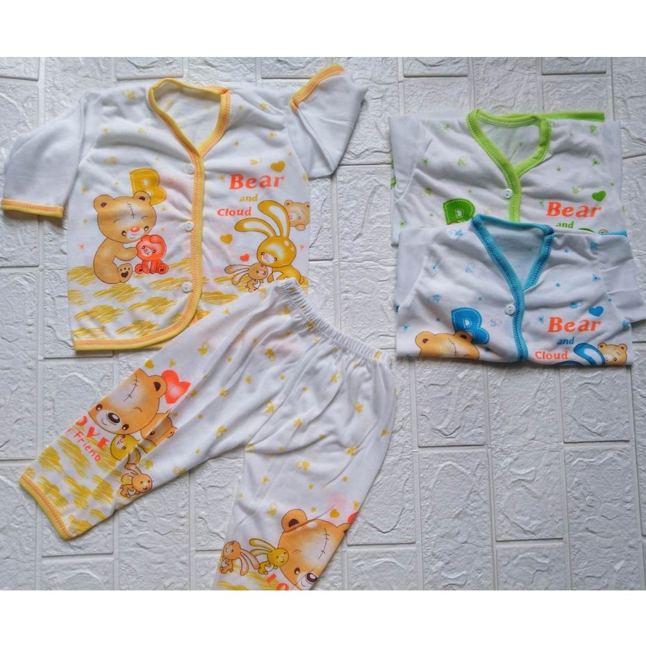 3pc Baju Bayi Newborn Setelan PANJANG Kancing Depan Motif Sablon Warna