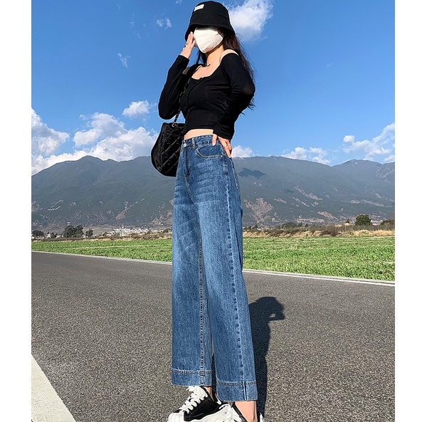 New biru high waist murah kekinian korea import celana jeans wanita  kulot