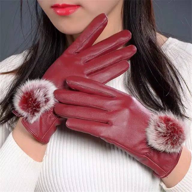 WOMAN WINTER AUTUMN GLOVES PU LEATHER POMPOM SARUNG TANGAN WANITA MUSIM DINGIN