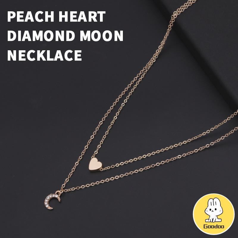 Kalung Rantai Multilayer Dengan Liontin Hati Dan Bulan Untuk Wanita -Doo