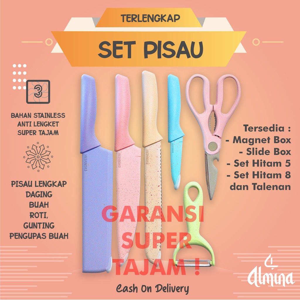 ANTI LENGKET Pisau Set Stainless  Warna Warni Set Pisau dapur HITAM Sangat Tajam
