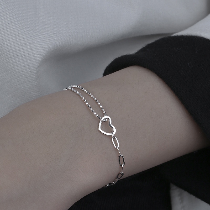 Gelang Rantai Bahan Alloy Lapis Silver Bentuk Hati Untuk Wanita