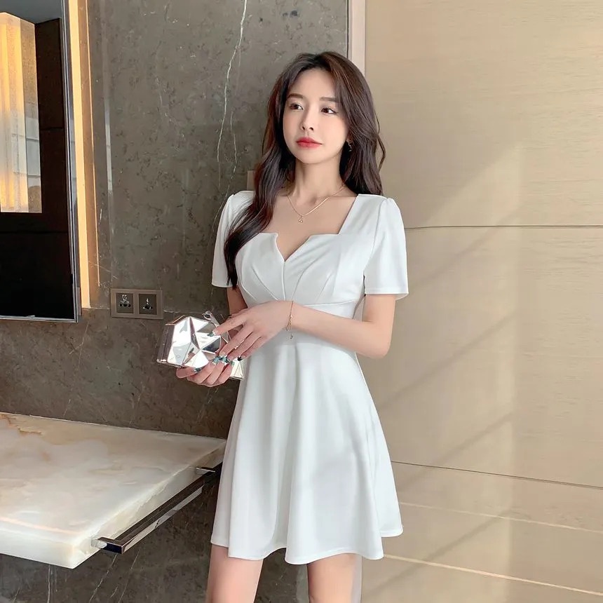 Korean Short Sleeve Square Neck Mini Dress Wanita Lengan Pendek 1405 (S/M/L/XL)